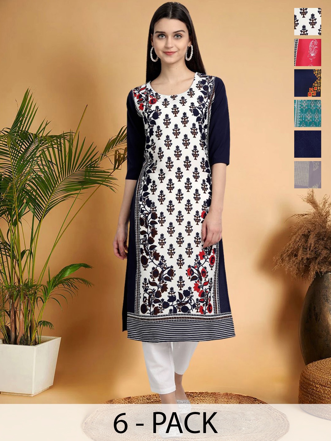 7Threads Selection Of 6 Floral Printed Round Neck Kurtas, Black