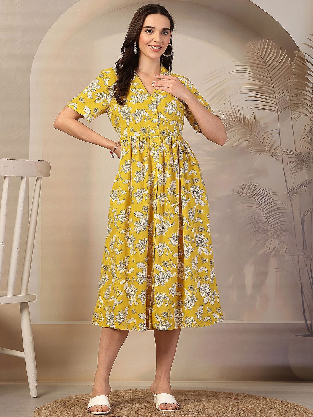 

House Of Zelena Floral Printed Shirt Collar Short Sleeves Maternity Shirt Midi Dress, Yellow