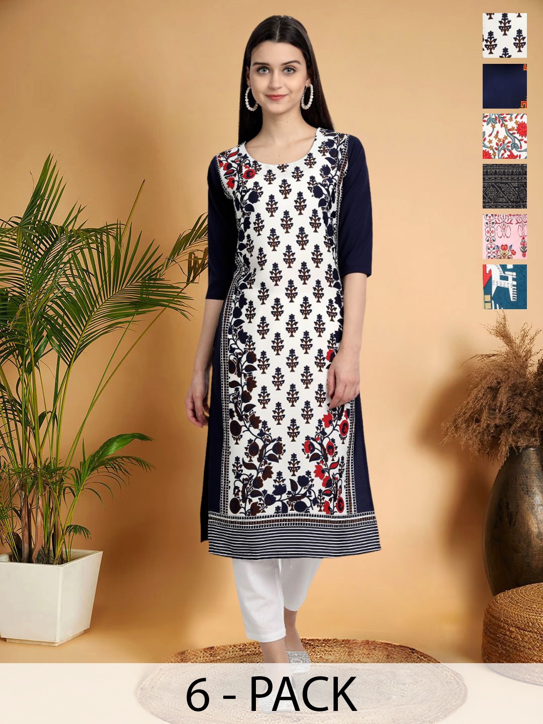 

7Threads Selection Of 6 Floral Round Neck Kurtas, White