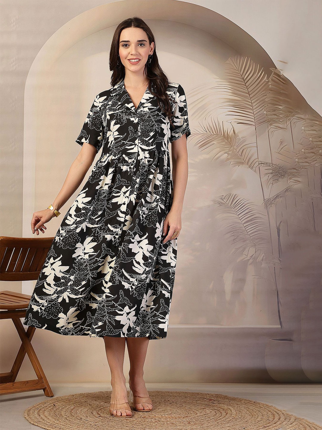 

House Of Zelena Women Printed Maternity Fit and Flare Midi Dress, Black
