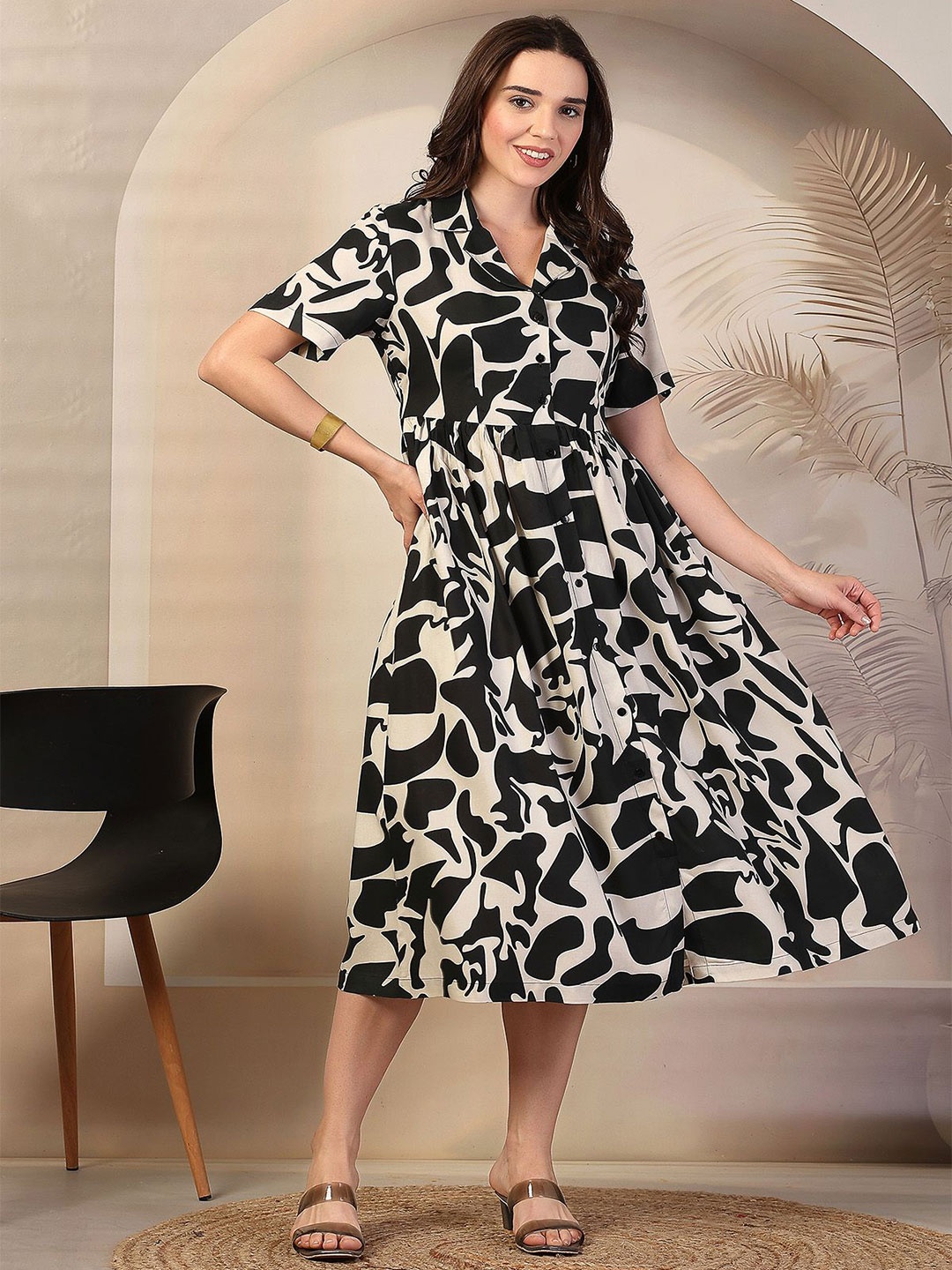 

House Of Zelena Women Printed Maternity A-Line Midi Dress, Black