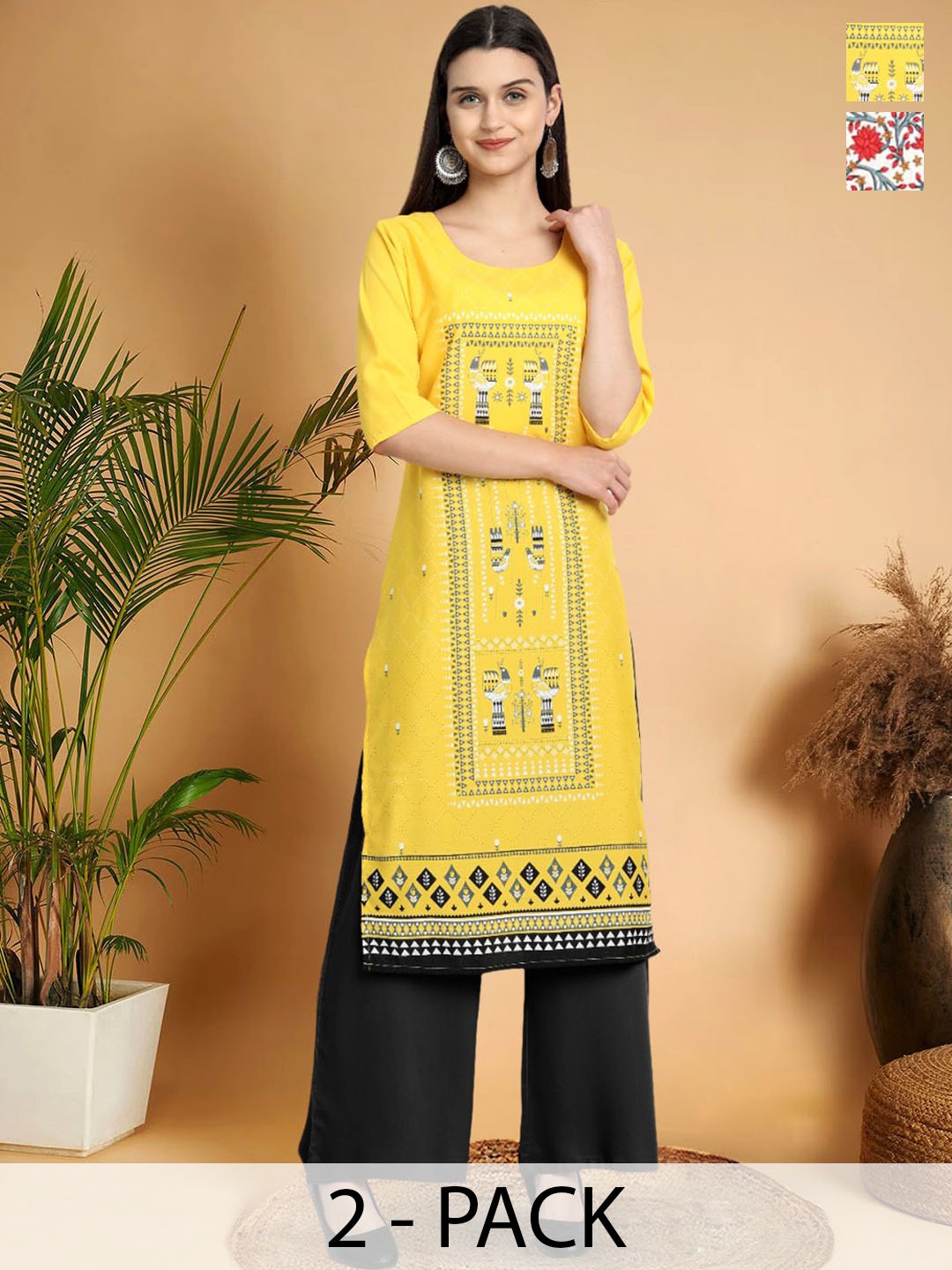 

7Threads Selection Of 2 Ethnic Motifs Printed Round Neck Kurtas, Yellow