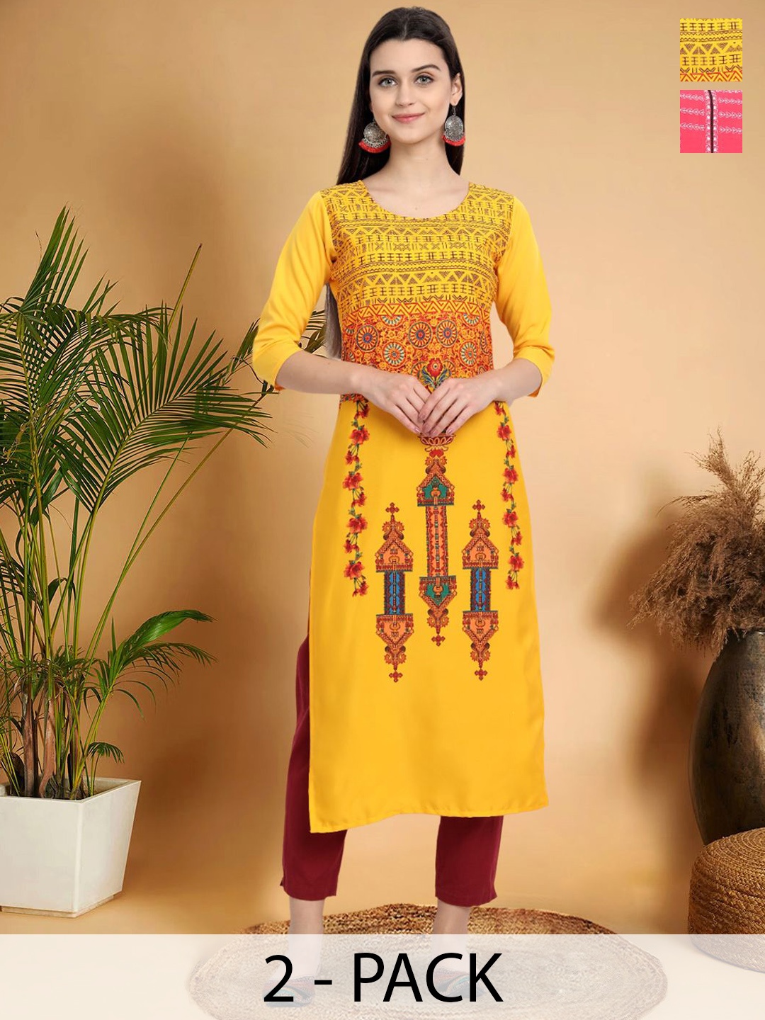 7Threads Selection Of 2 Ethnic Motifs Printed Round Neck Kurtas, Yellow