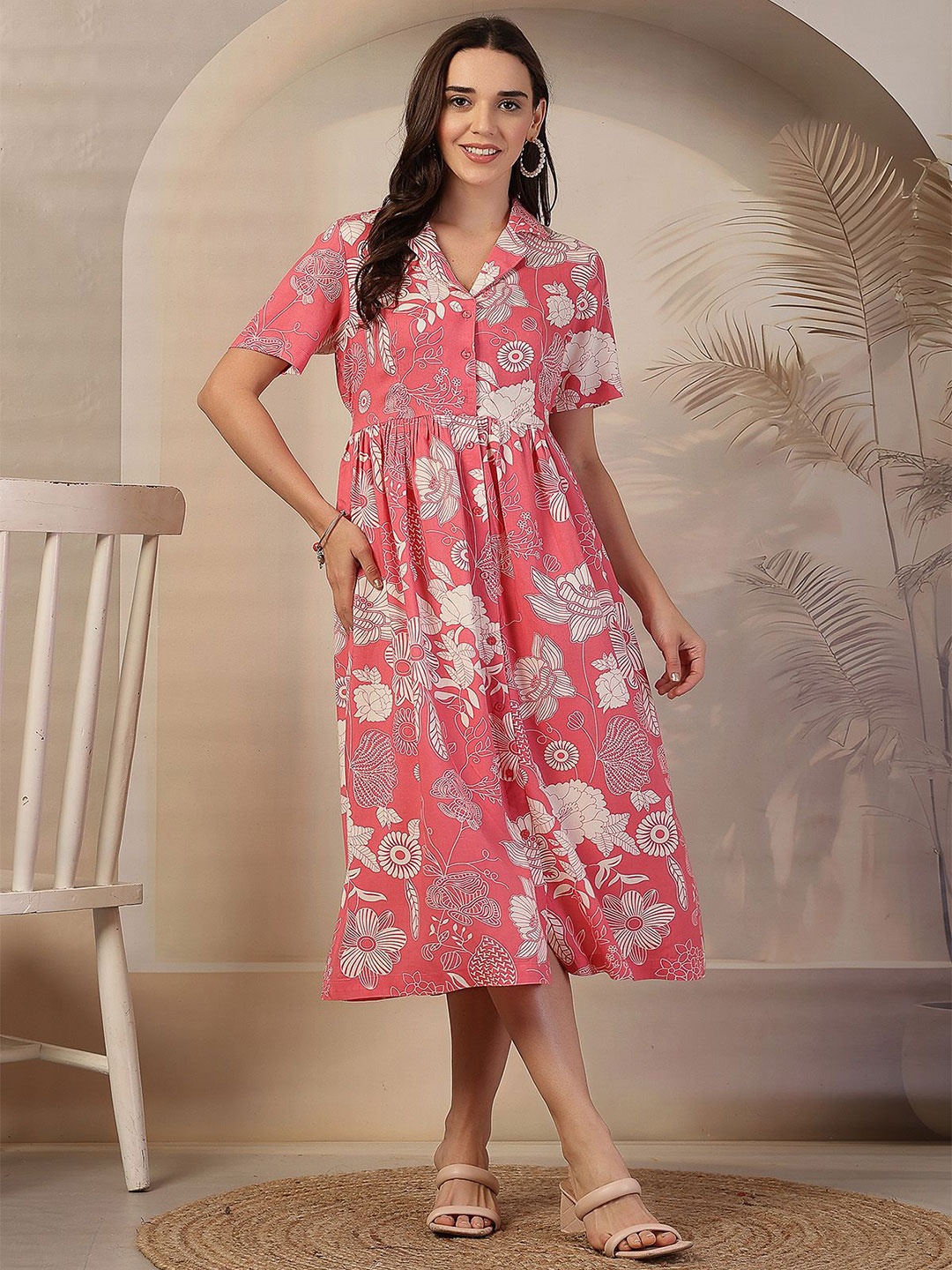 

House Of Zelena Women Floral Printed Maternity Shirt Collar A-Line Midi Dress, Pink