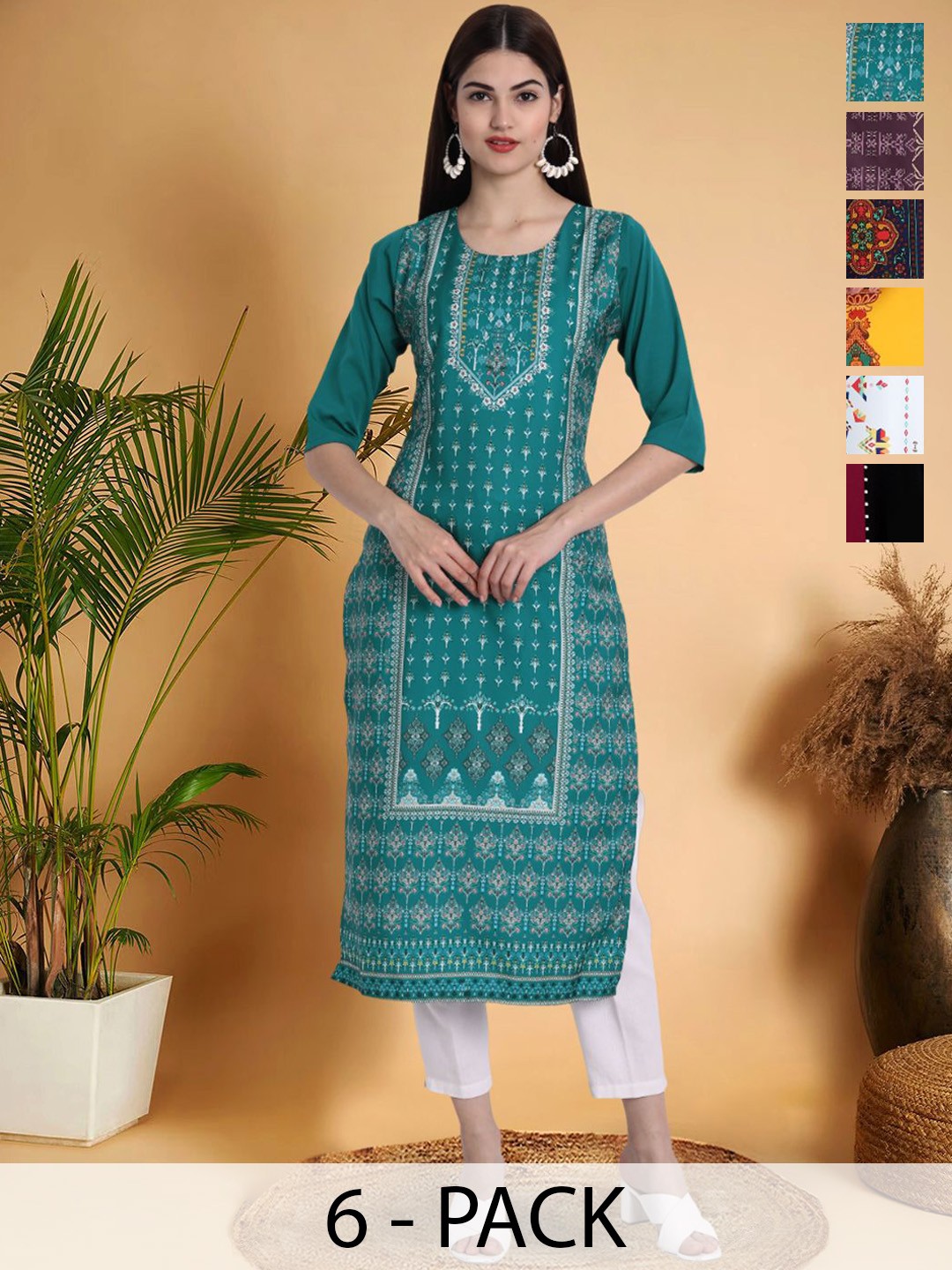 

7Threads Selection Of 6 Ethnic Motifs Printed Round Neck Kurtas, Blue
