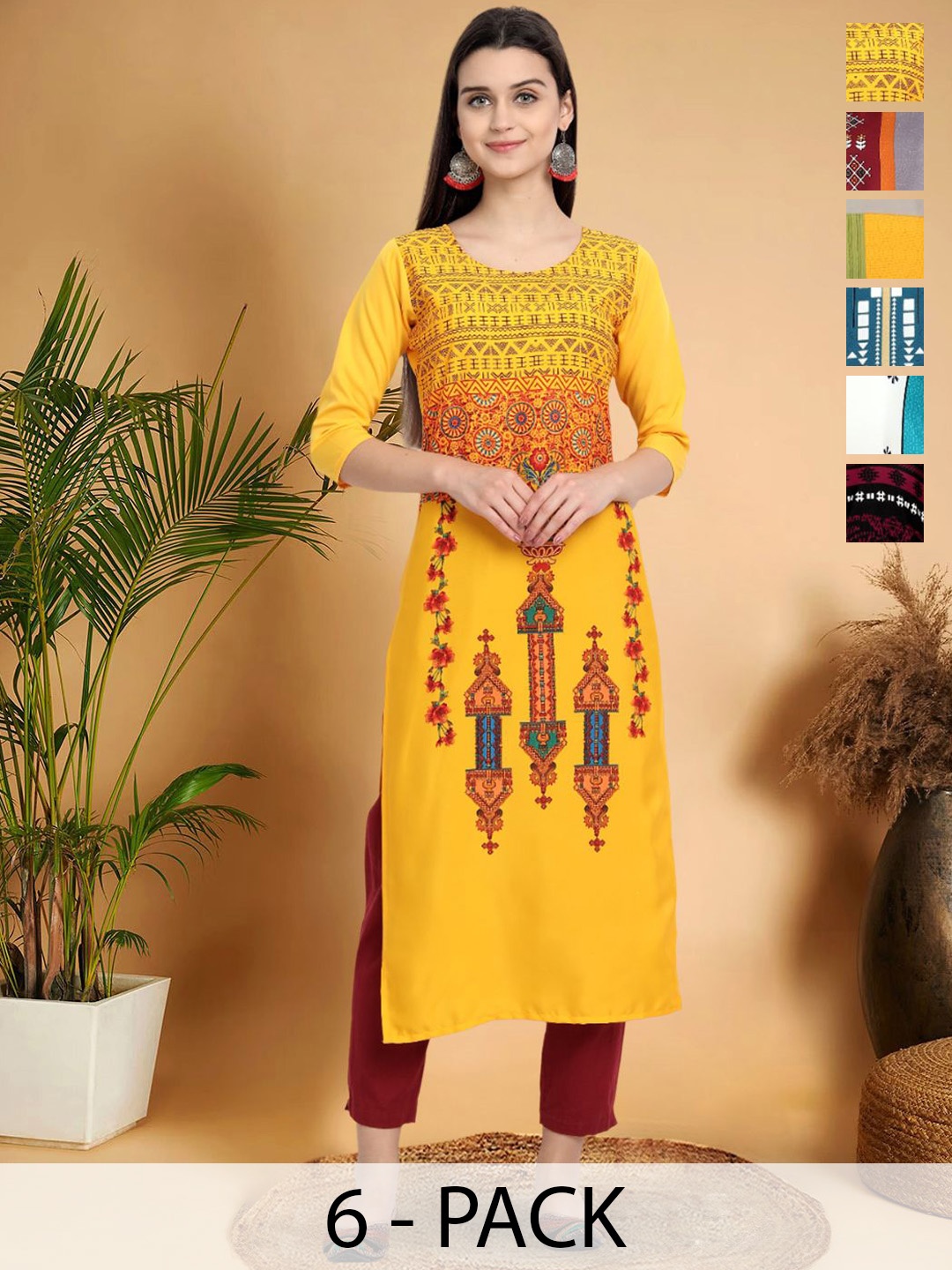 

7Threads Selection Of 6 Ethnic Motifs Printed Round Neck Kurtas, Yellow