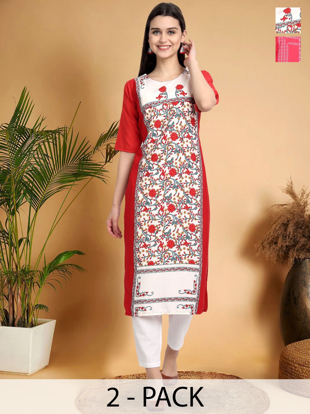 

7Threads Selection Of 2 Floral Printed Round Neck Kurtas, Red