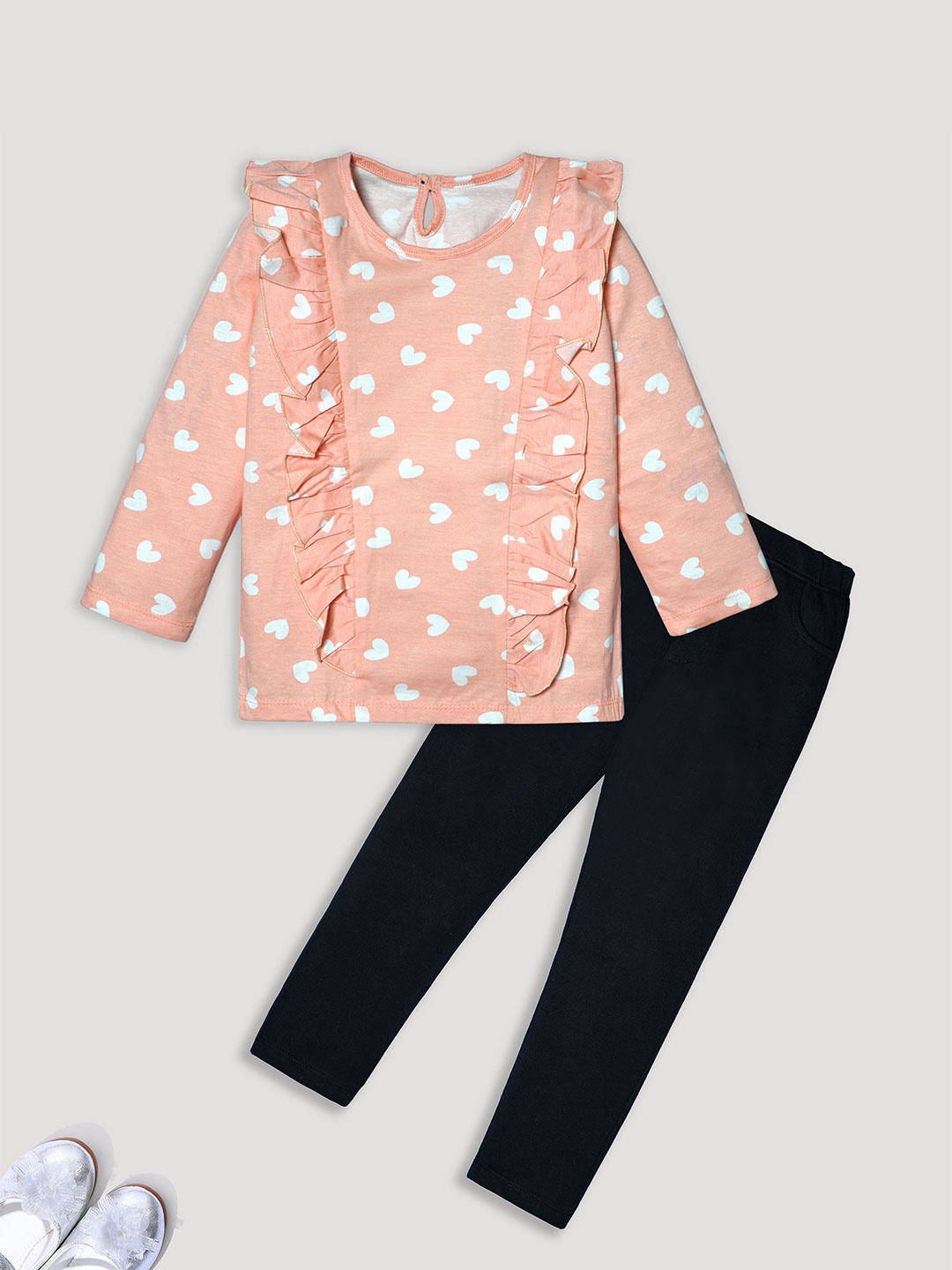 

Nino Togs Girls Printed Round Neck Long Sleeves Pure Cotton Top With Trouser, Peach