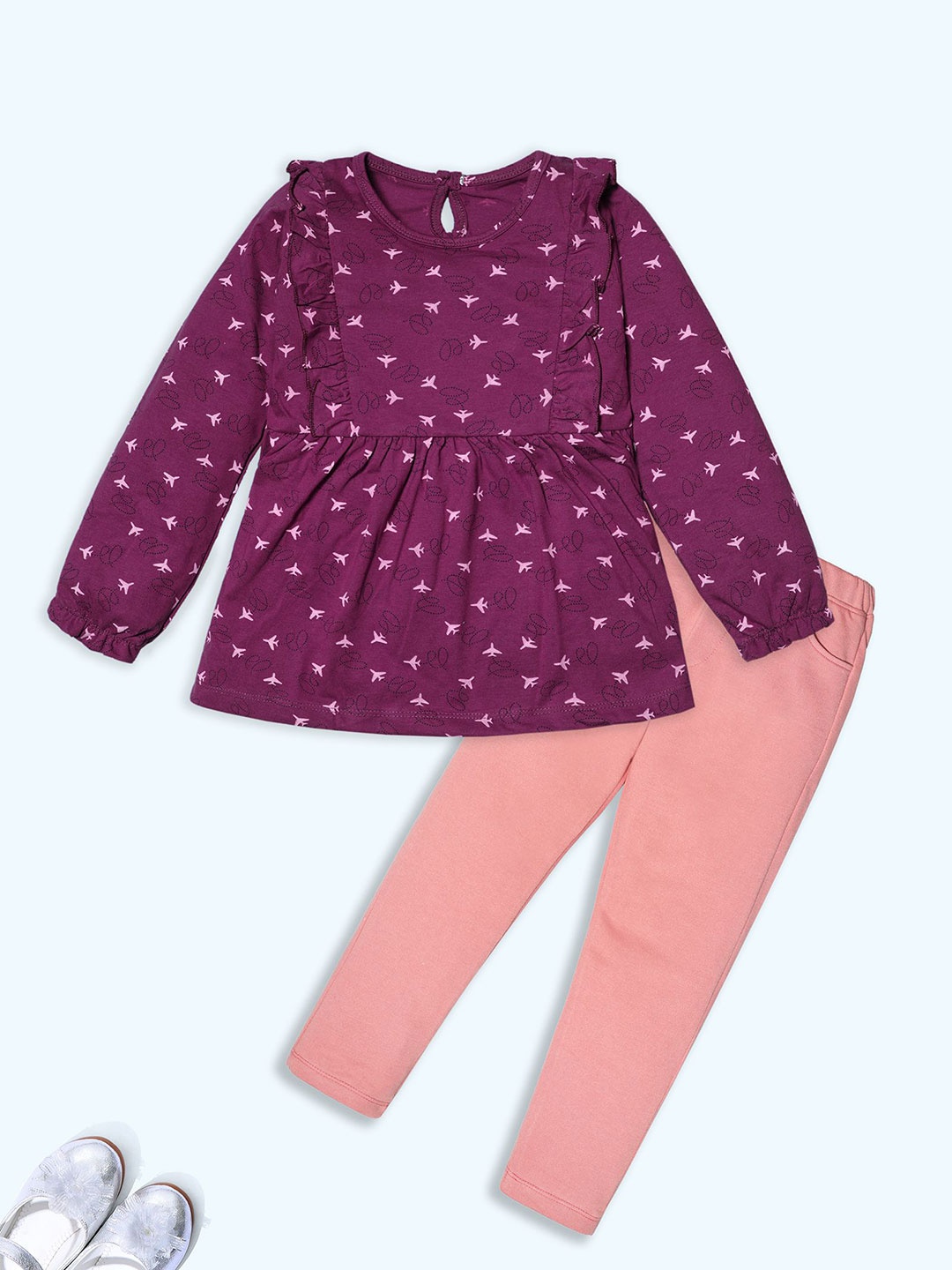 

Nino Togs Girls Printed Round Neck Long Sleeves Pure Cotton Top With Trouser, Burgundy