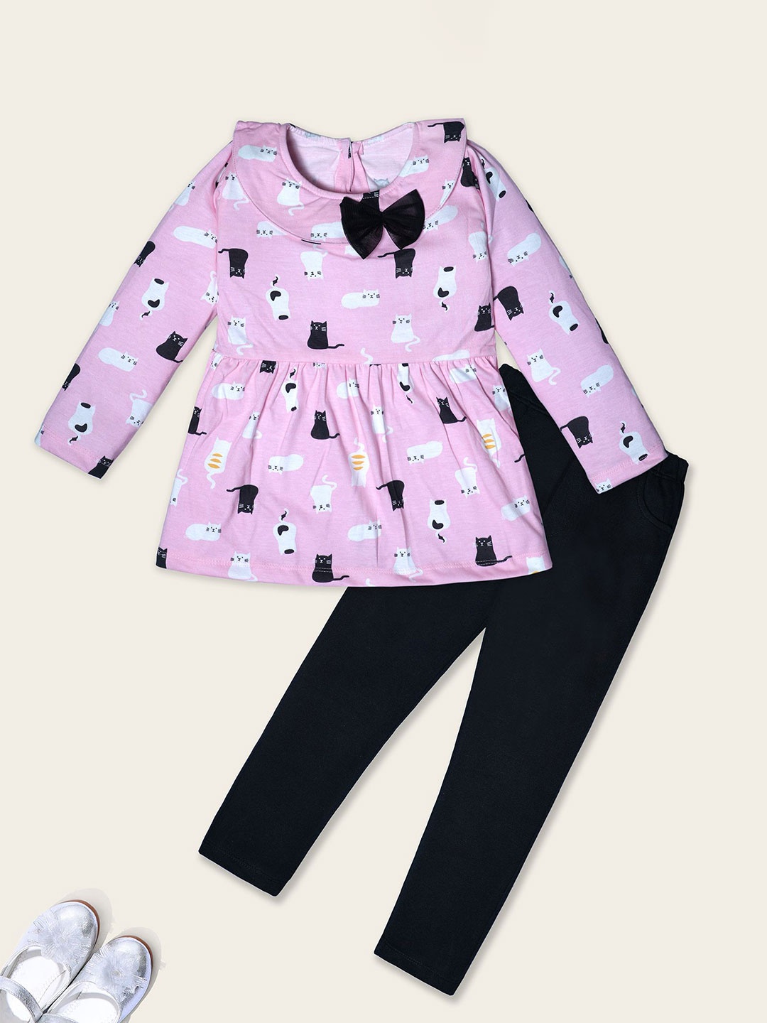 

Nino Togs Girls Printed Round Neck Long Sleeves Pure Cotton Top With Trouser, Pink
