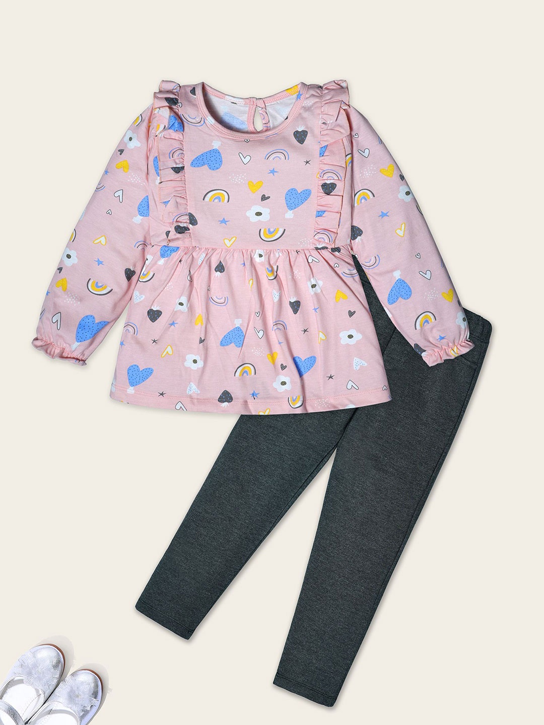 

Nino Togs Girls Printed Round Neck Long Sleeves Pure Cotton Top With Trouser, Pink