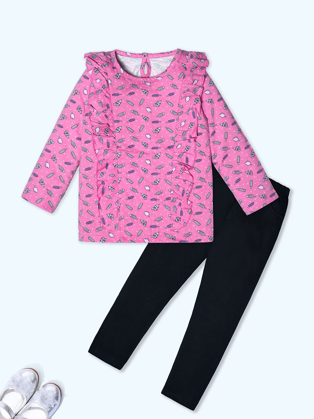 

Nino Togs Girls Printed Round Neck Long Sleeves Pure Cotton Top With Trouser, Pink