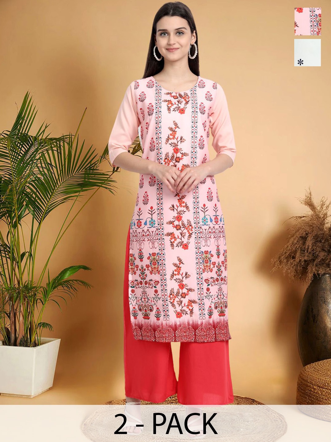 

7Threads Selection Of 2 Floral Printed Round Neck Kurtas, Pink