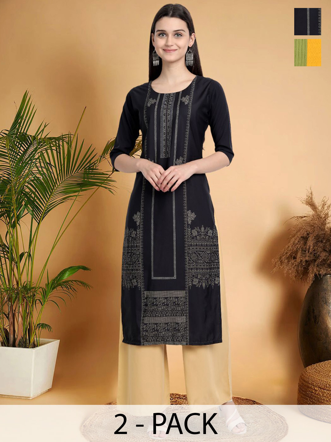 

7Threads Selection Of 2 Ethnic Motifs Printed Round Neck Kurtas, Black