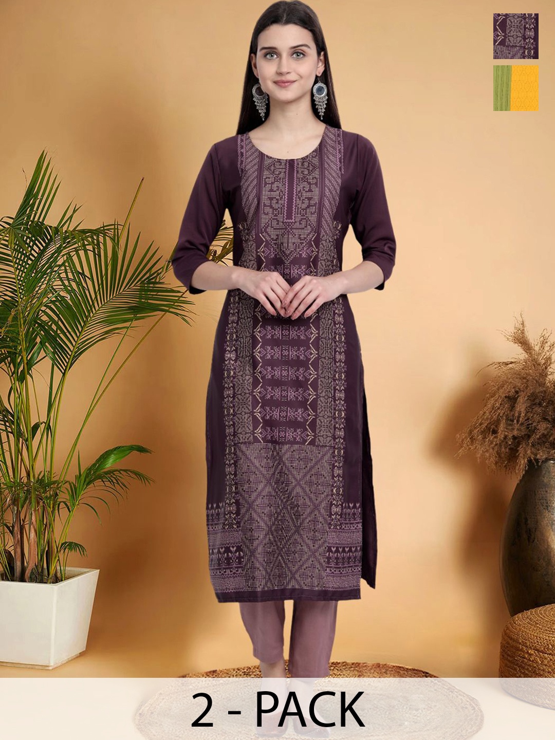

7Threads Selection Of 2 Ethnic Motifs Printed Round Neck Kurtas, Black