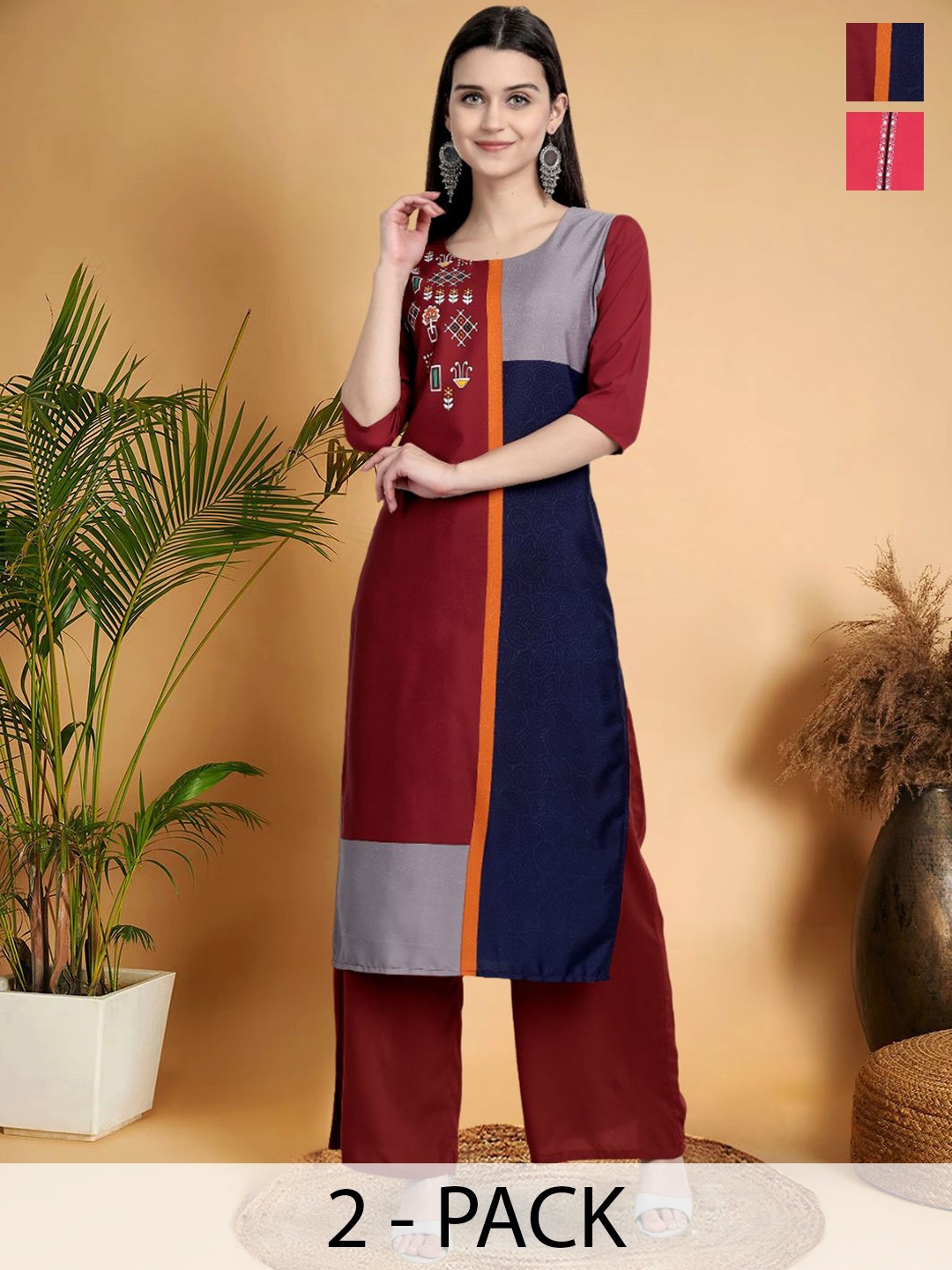 

7Threads Selection Of 2 Colour blocked Printed Round Neck Kurtas, Maroon
