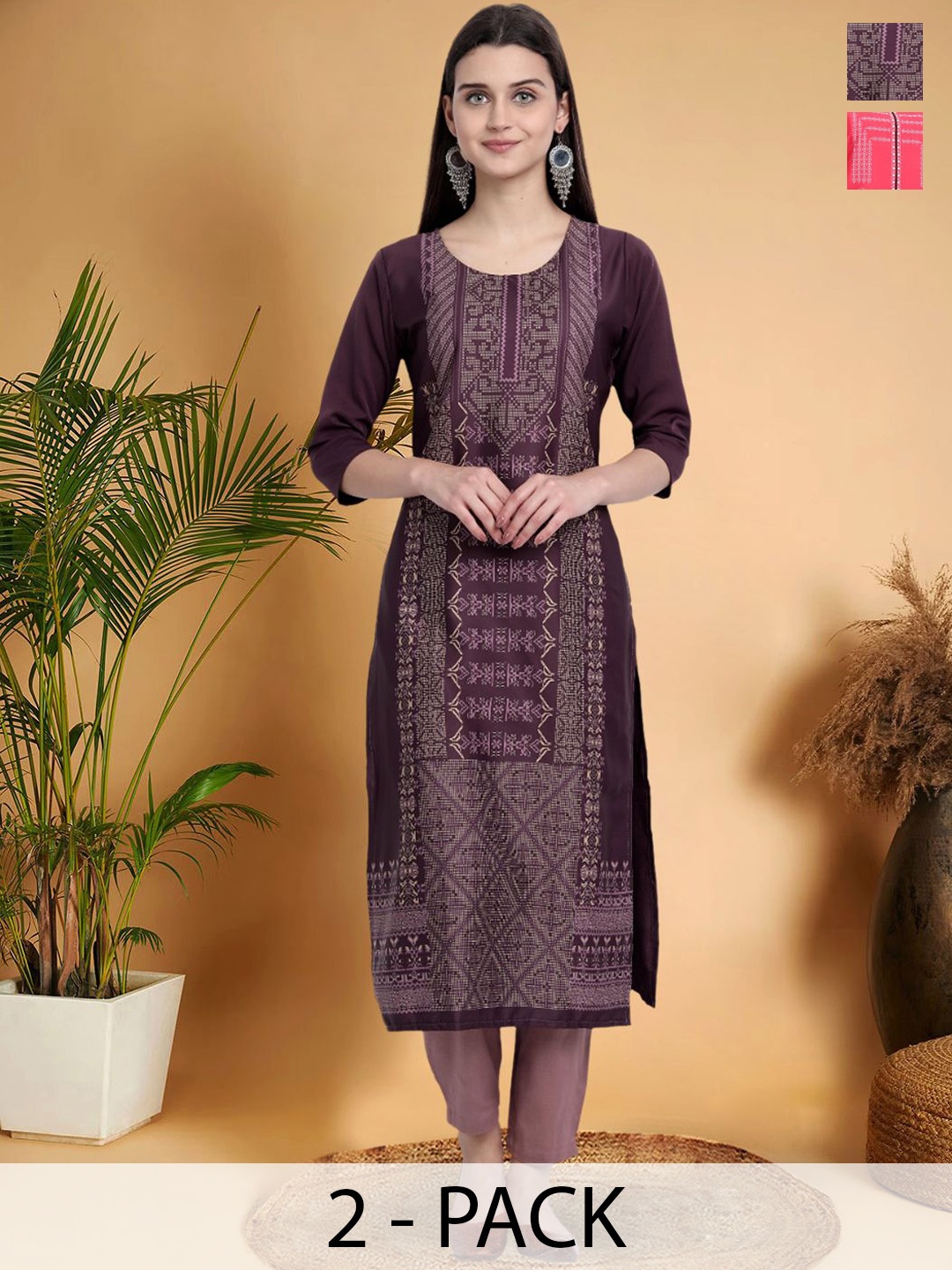 

7Threads Selection Of 2 Ethnic Motifs Printed Round Neck Kurtas, Purple