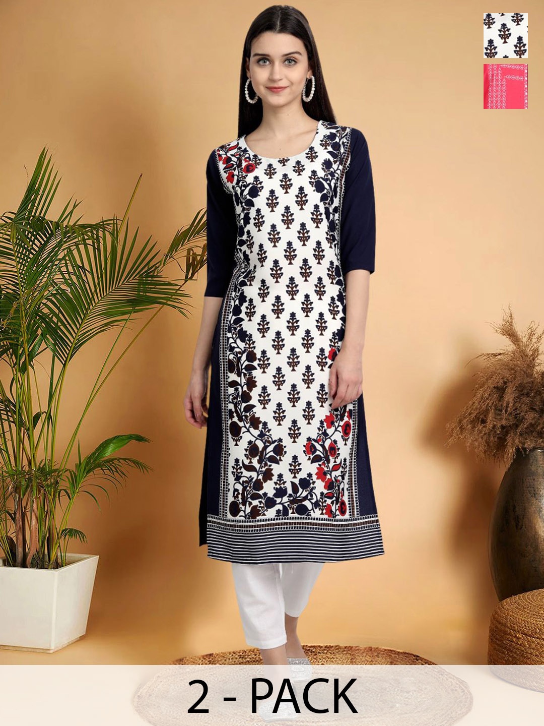 7Threads Selection Of 2 Floral Printed Round Neck Kurtas, Black