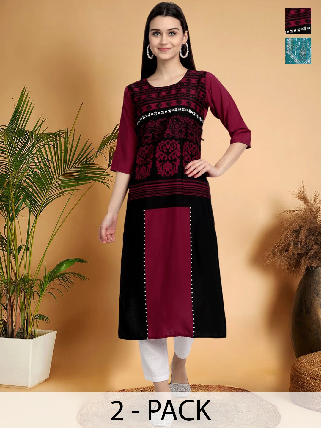 

7Threads Selection Of 2 Ethnic Motifs Printed Round Neck Kurtas, Black