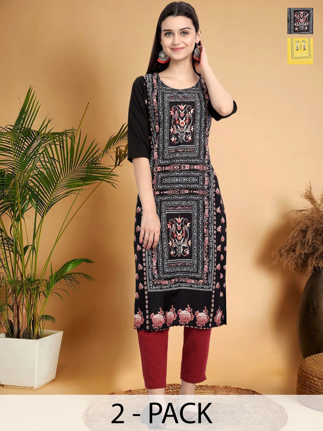 

7Threads Selection Of 2 Ethnic Motifs Printed Round Neck Kurtas, Black