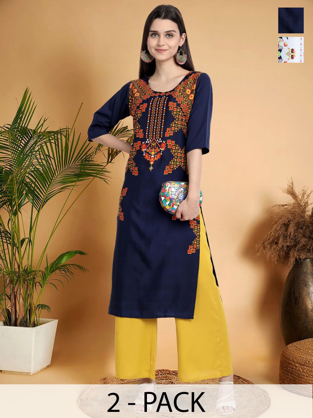 

7Threads Selection Of 2 Ethnic Motifs Printed Round Neck Kurtas, Navy blue