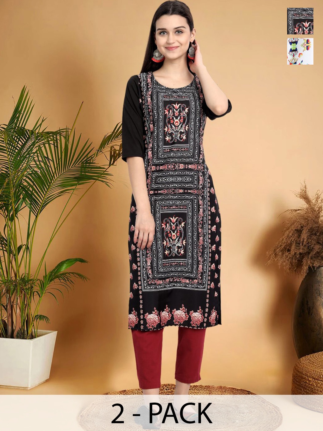 

7Threads Selection Of 2 Ethnic Motifs Printed Round Neck Kurtas, Black