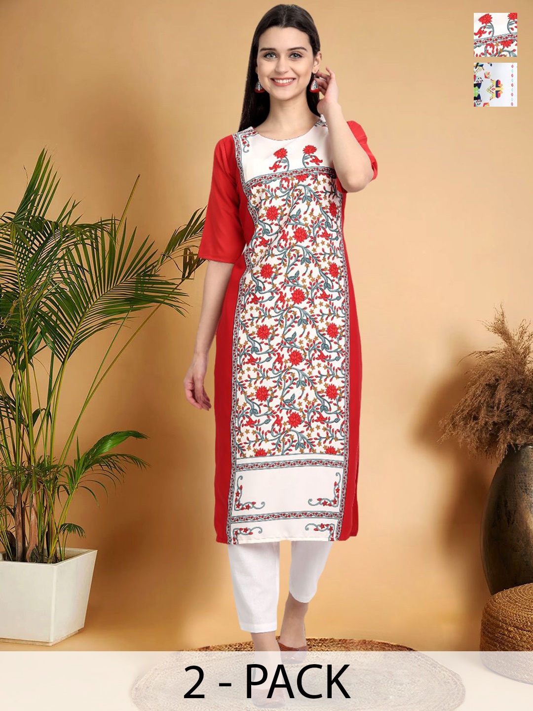 7Threads Selection Of 2 Floral Printed Round Neck Kurtas, Red
