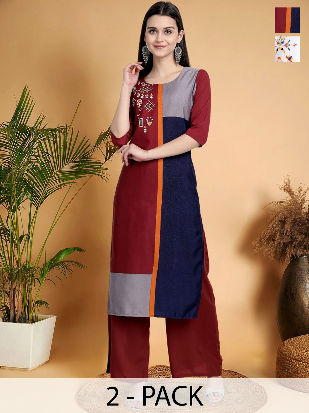 

7Threads Selection Of 2 Colour blocked Printed Round Neck Kurtas, Maroon