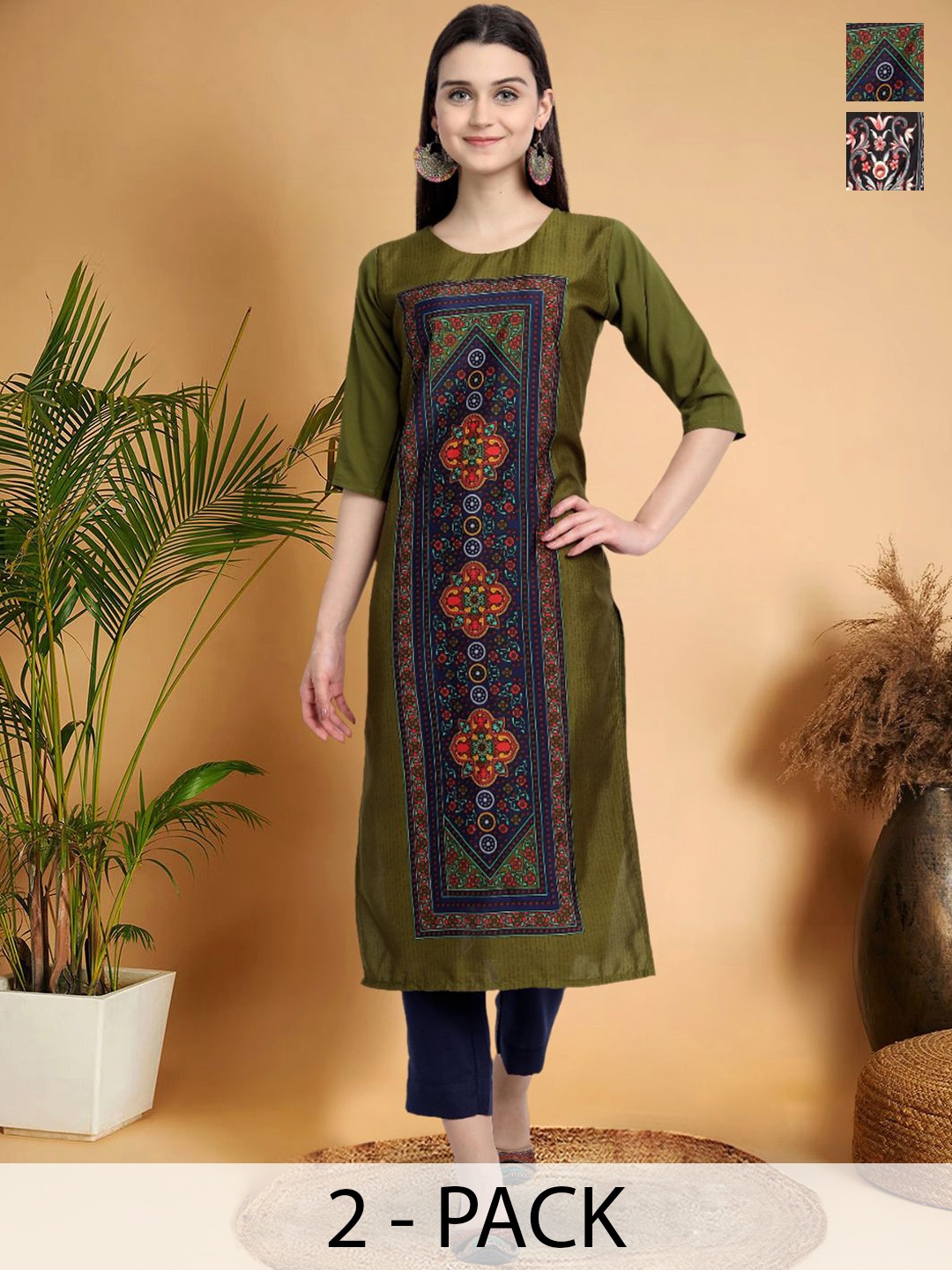 

7Threads Selection Of 2 Ethnic Motifs Printed Round Neck Kurtas, Green