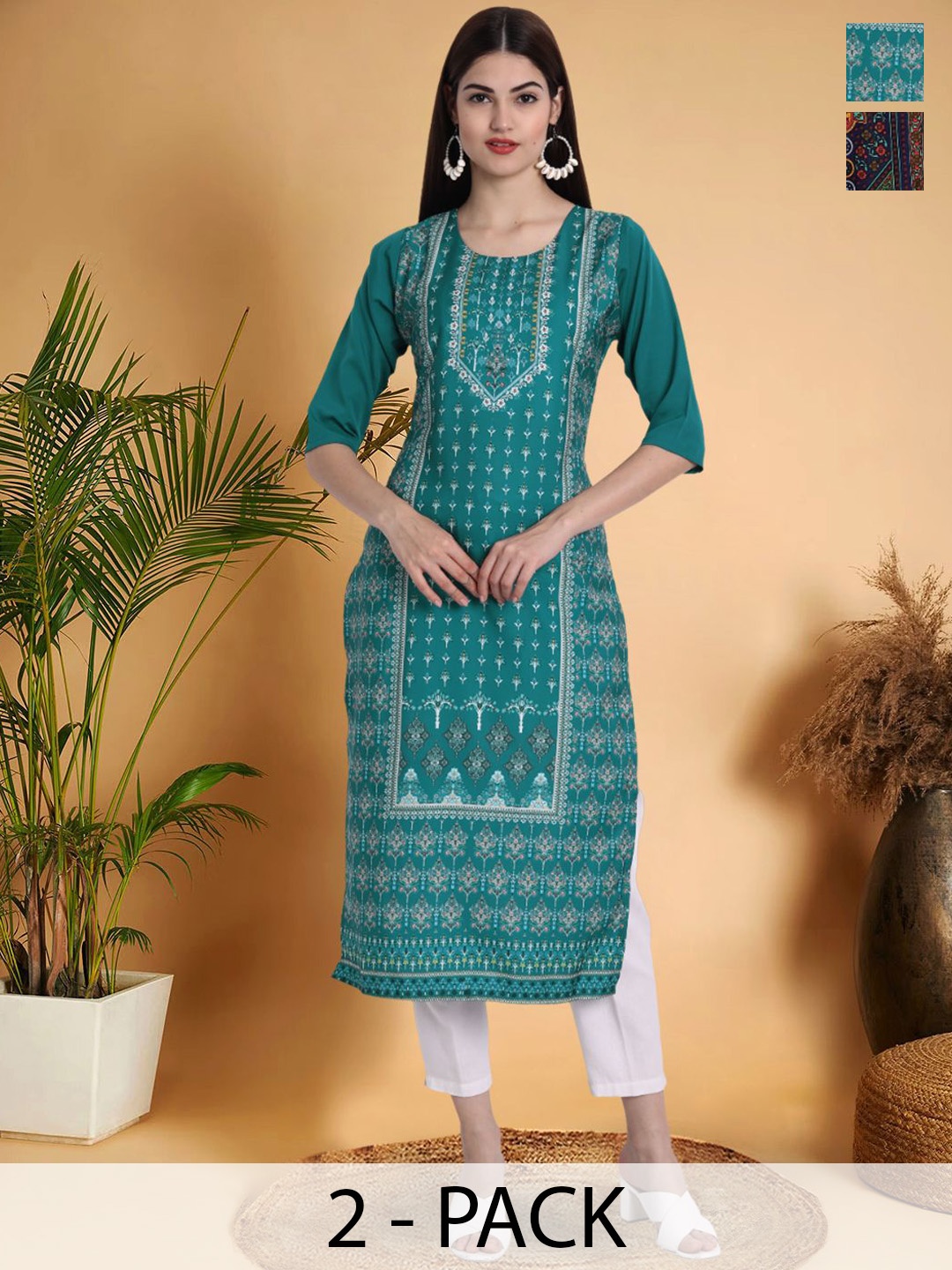 

7Threads Selection Of 2 Ethnic Motifs Printed Round Neck Kurtas, Teal
