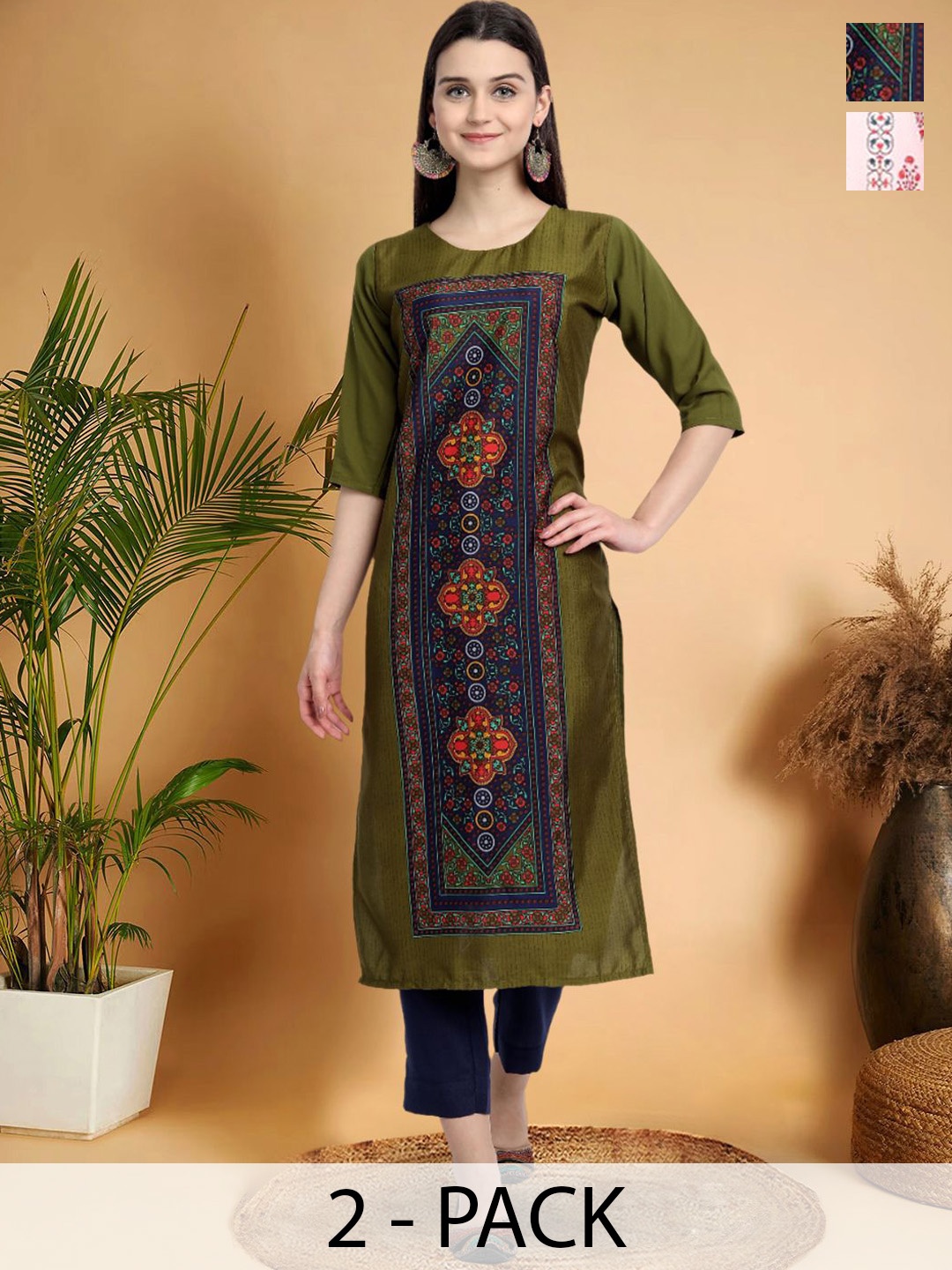

7Threads Selection Of 2 Ethnic Motifs Printed Round Neck Kurtas, Green