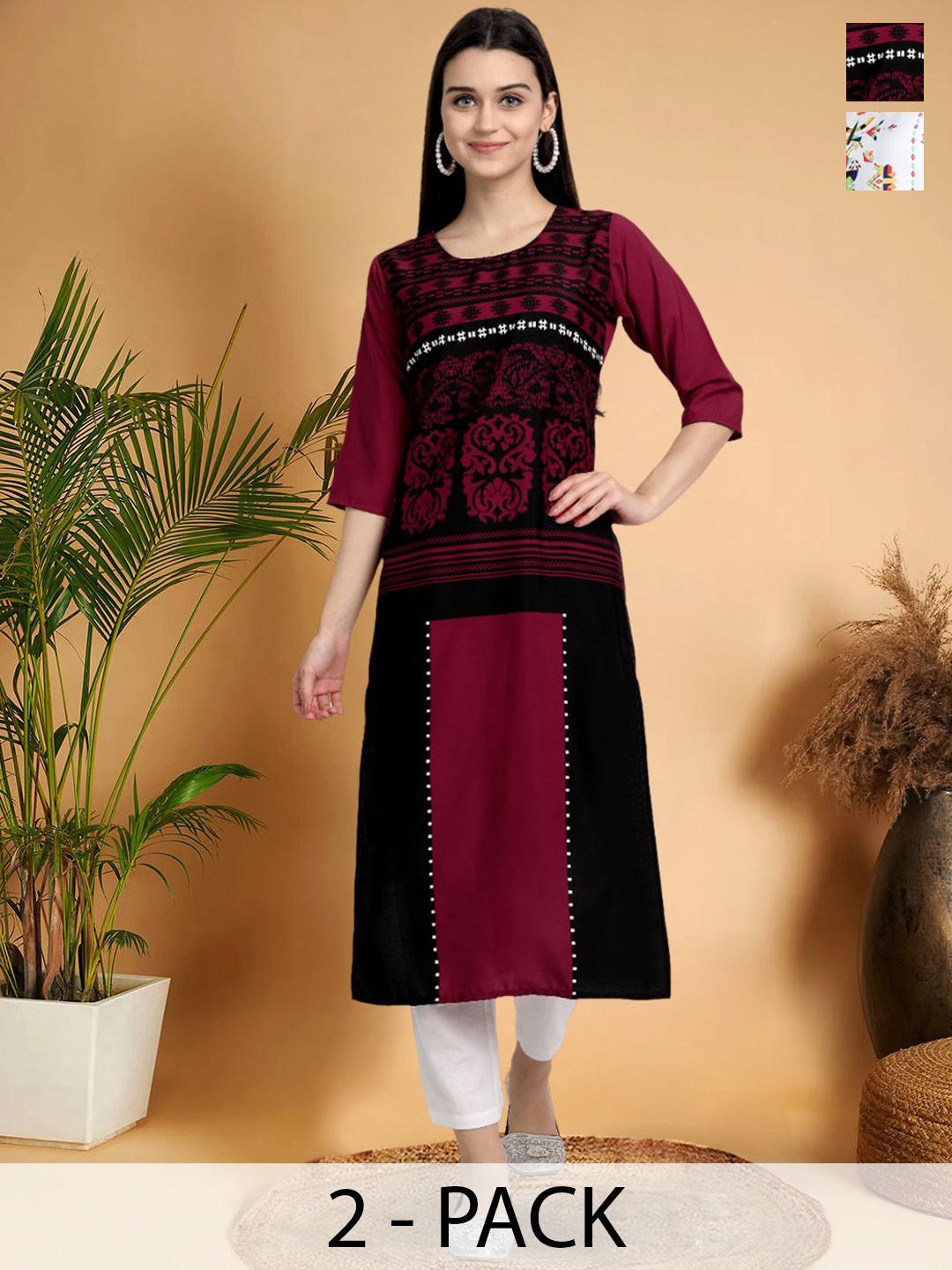 7Threads Selection Of 2 Ethnic Motifs Printed Round Neck Kurtas, Maroon