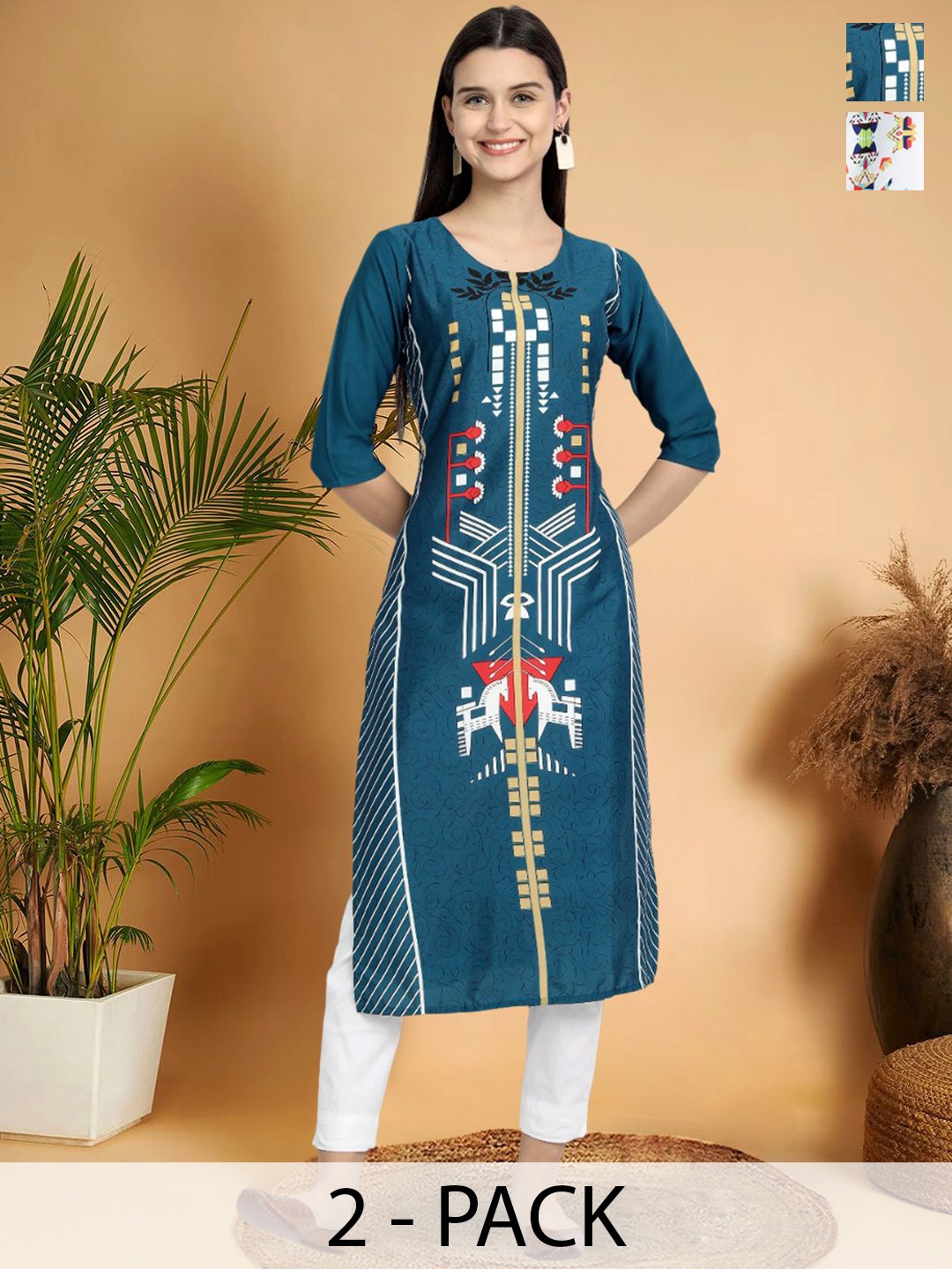 

7Threads Selection Of 2 Geometric Printed Round Neck Kurtas, Teal