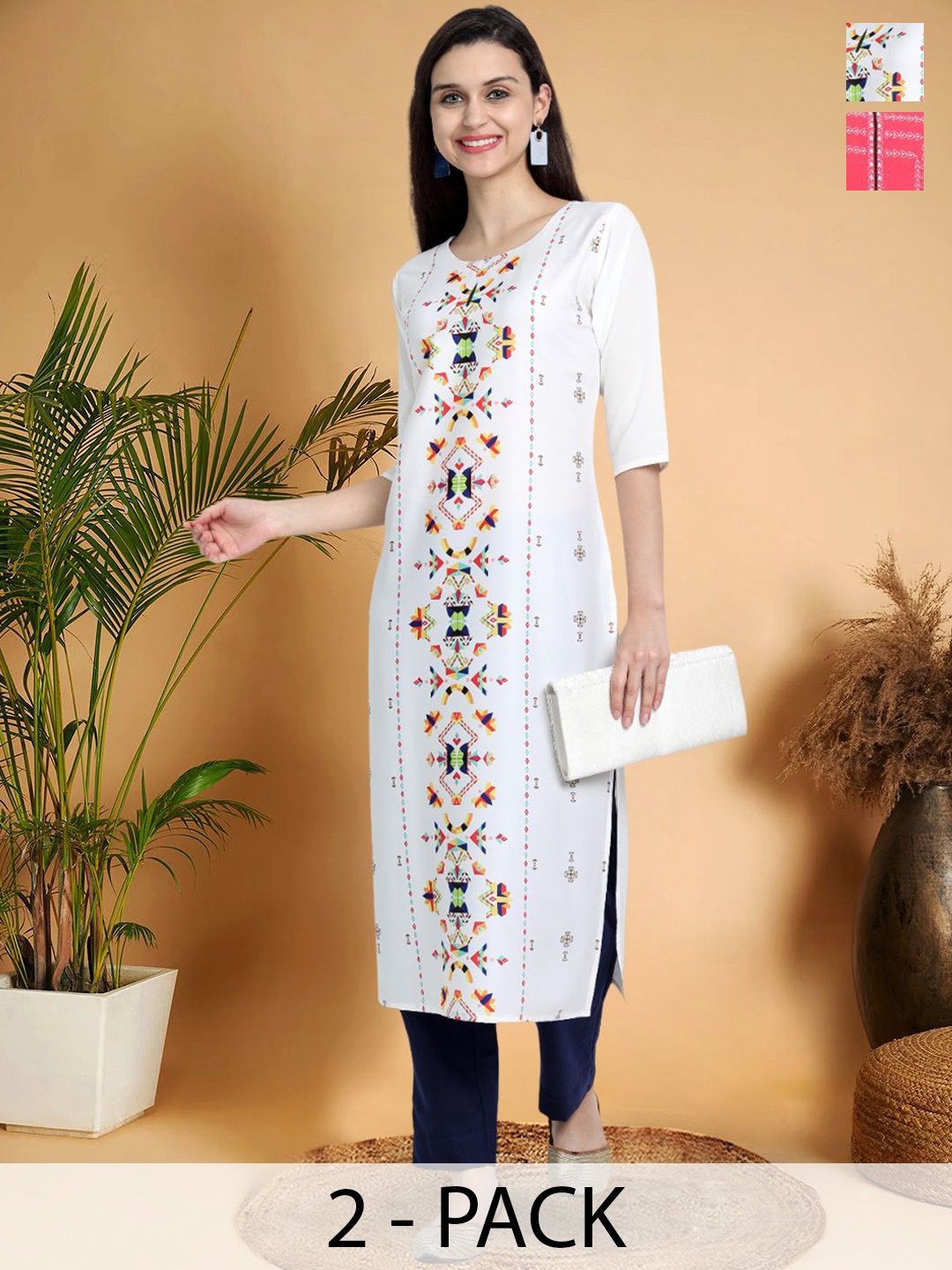 

7Threads Selection Of 2 Ethnic Motifs Printed Round Neck Kurtas, White
