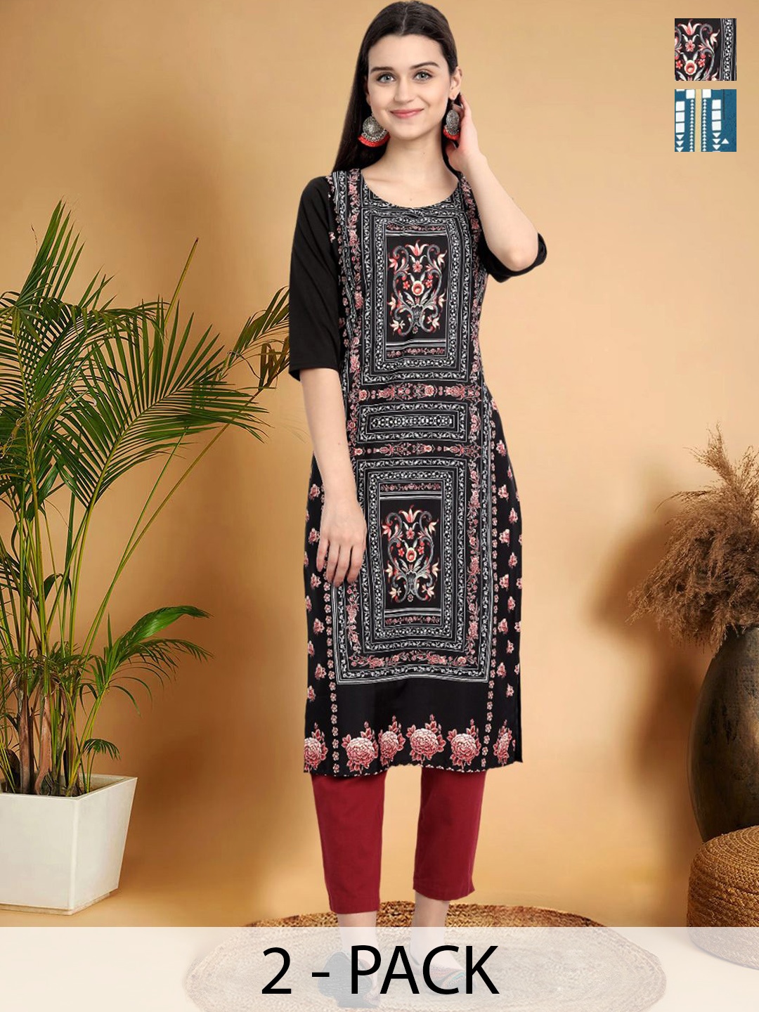 

7Threads Selection Of 2 Ethnic Motifs Printed Round Neck Kurtas, Black