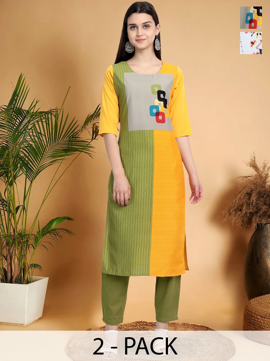 

7Threads Selection Of 2 Ethnic Motifs Printed Round Neck Straight Kurtas, Yellow