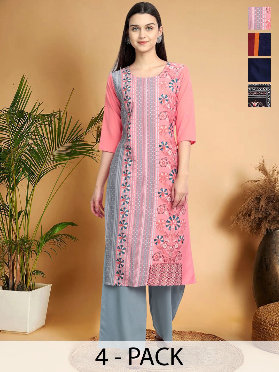 

7Threads Selection Of 4 Floral Printed Round Neck Straight Kurtas, Pink