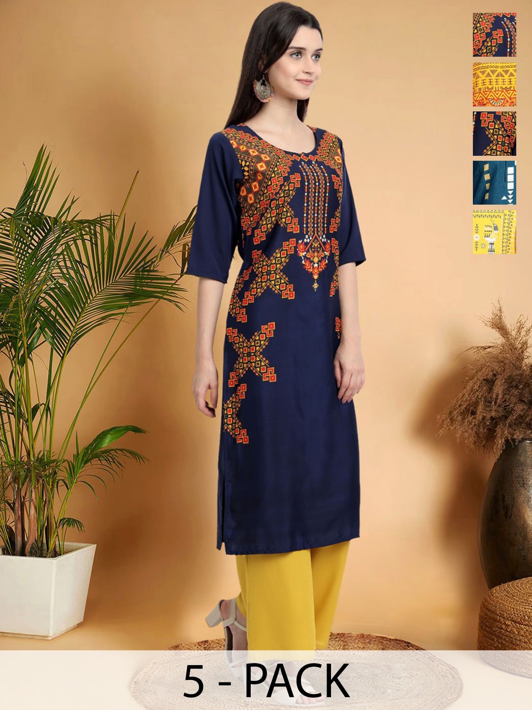 7Threads Selection Of 4 Ethnic Motifs Printed Round Neck Straight Kurtas, Navy blue