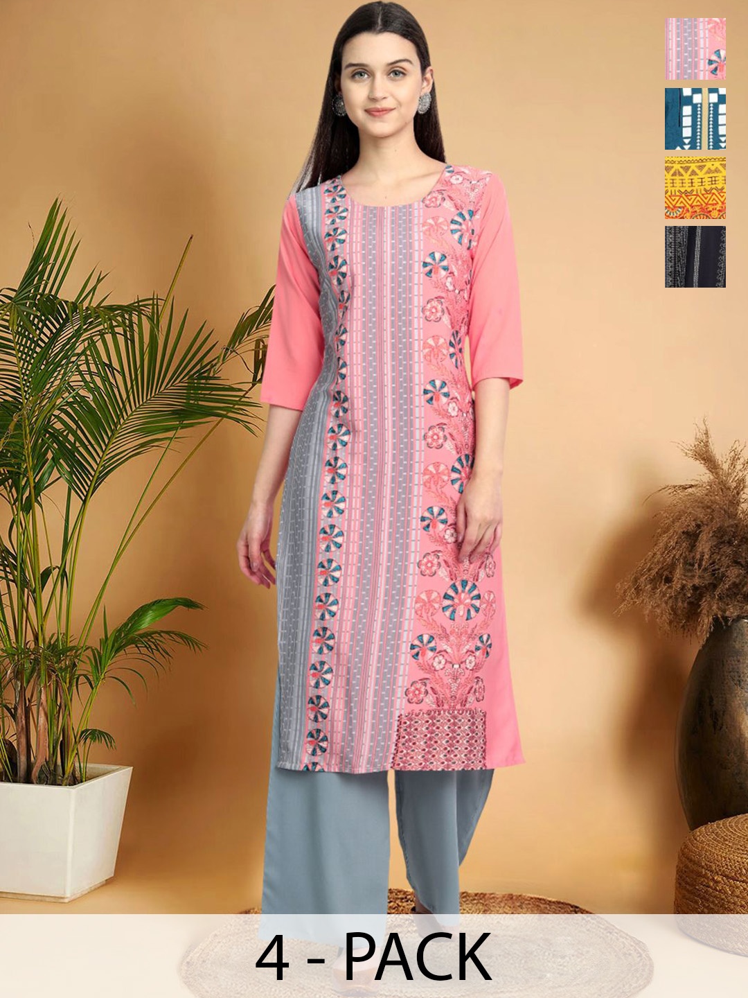 

7Threads Selection Of 4 Ethnic Motifs Printed Round Neck Straight Kurtas, Pink