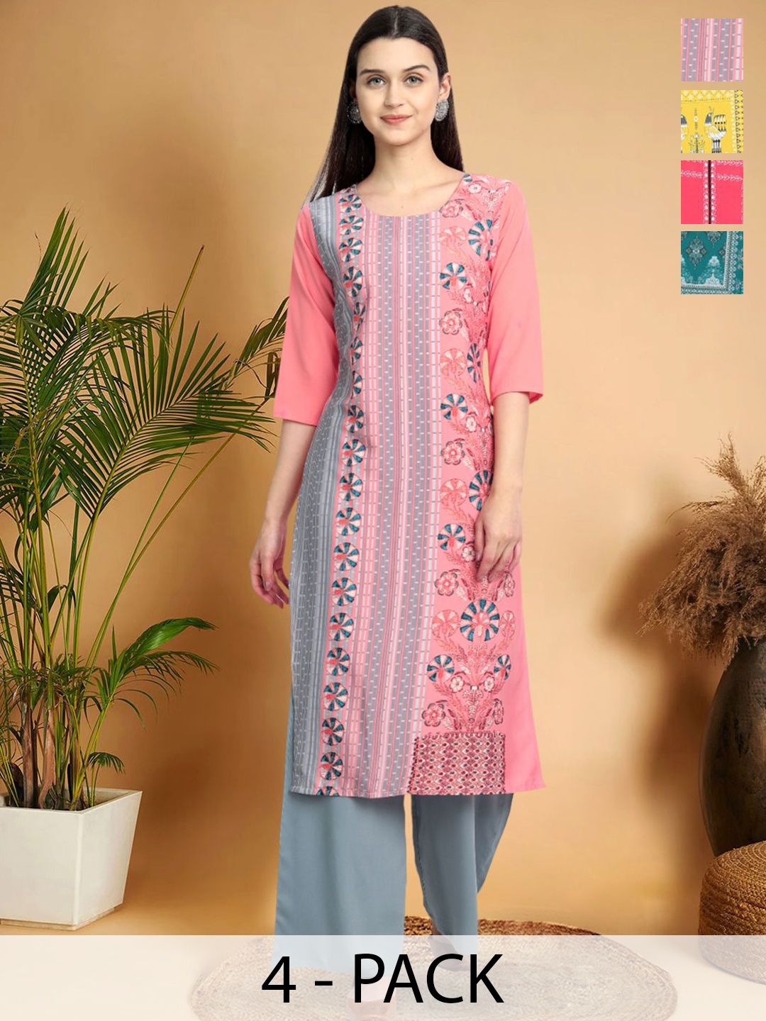 

7Threads Selection Of 4 Ethnic Motifs Printed Round Neck Straight Kurtas, Pink