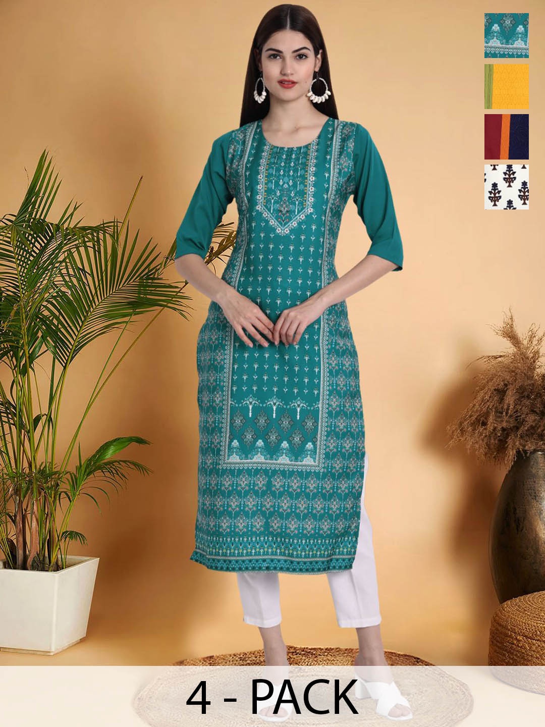 

7Threads Selection Of 4 Ethnic Motifs Printed Round Neck Straight Kurtas, Blue
