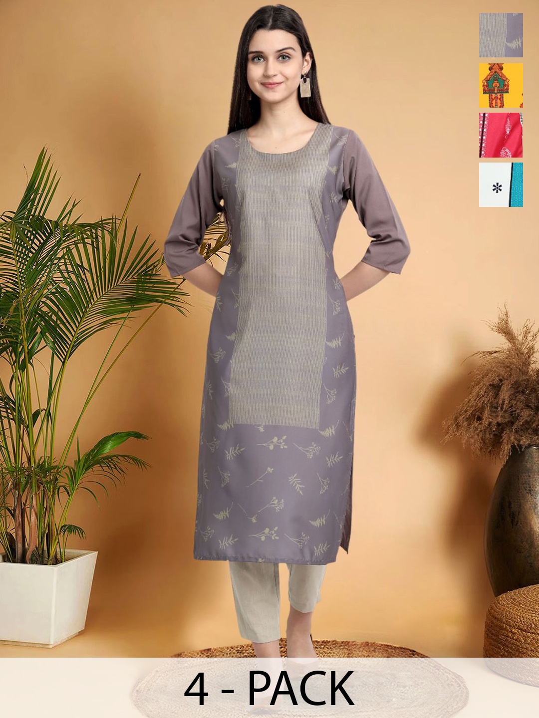 

7Threads Selection Of 4 Ethnic Motifs Printed Round Neck Straight Kurtas, Grey
