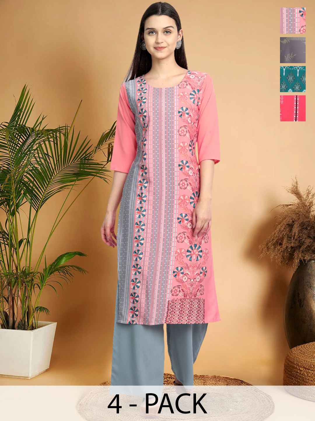 

7Threads Selection Of 4 Floral Printed Round Neck Straight Kurtas, Pink