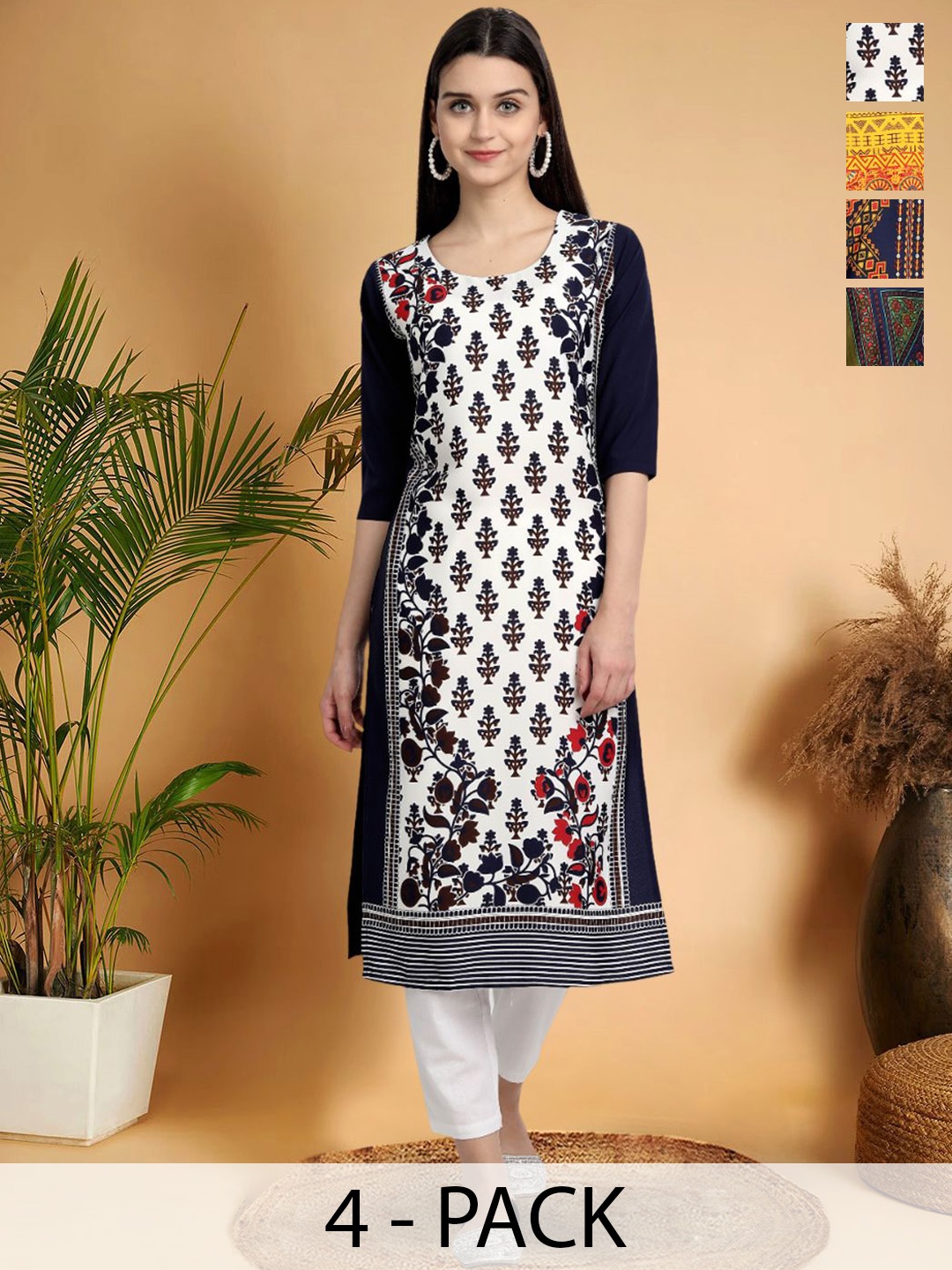

7ThreadsSelection Of 4 Floral Printed Round Neck Straight Kurtas, Black