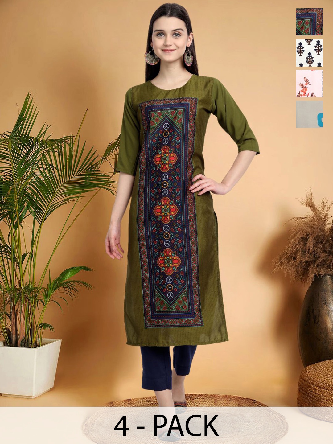 

7Threads Selection Of 4 Ethnic Motifs Printed Round Neck Straight Kurtas, Green