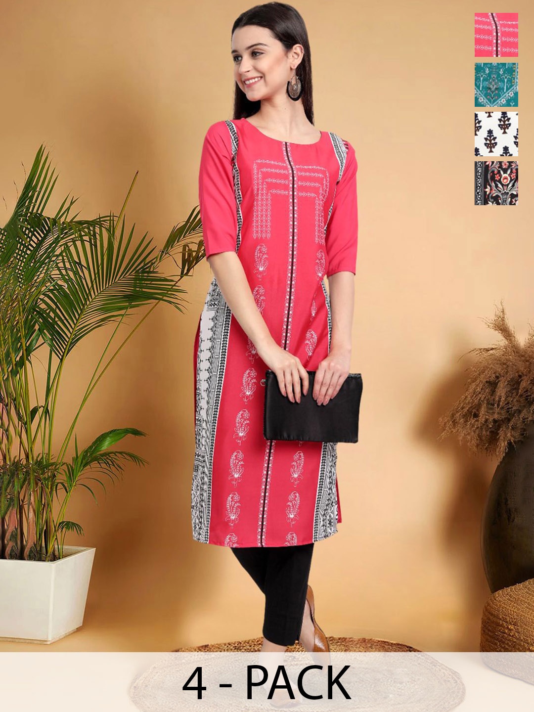 

7Threads Selection Of 4 Ethnic Motifs Printed Round Neck Straight Kurtas, Red