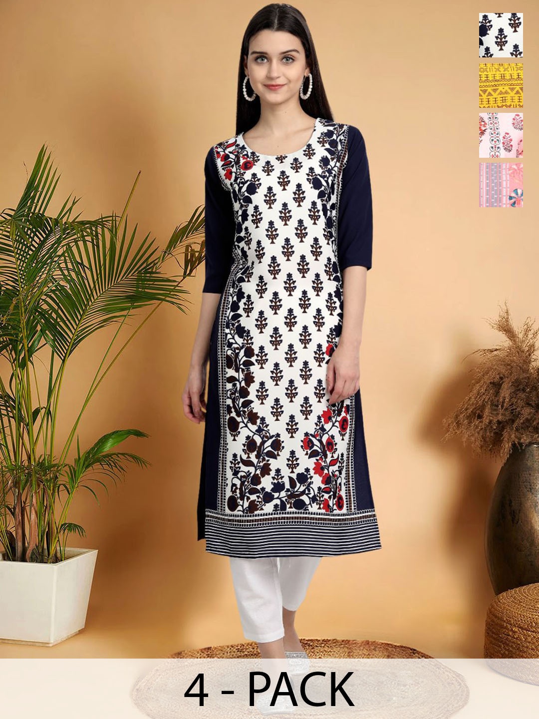 

7Threads Selection Of 4 Floral Printed Round Neck Straight Kurtas, Black