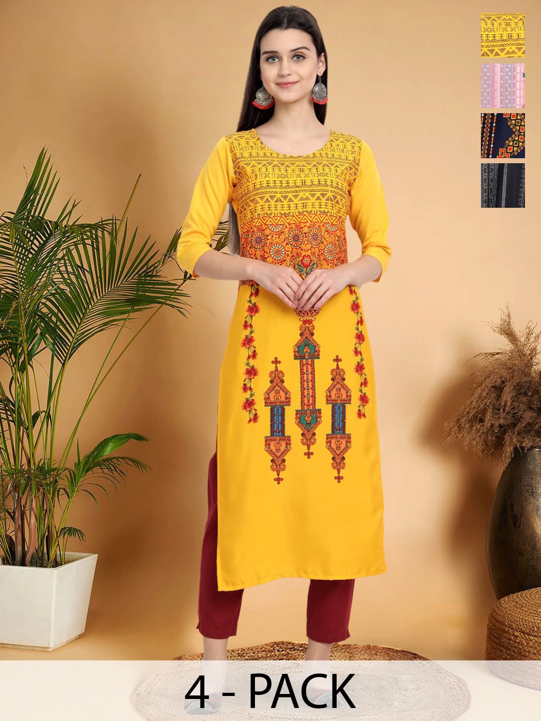 

7Threads Selection Of 4 Ethnic Motifs Printed Round Neck Straight Kurtas, Yellow