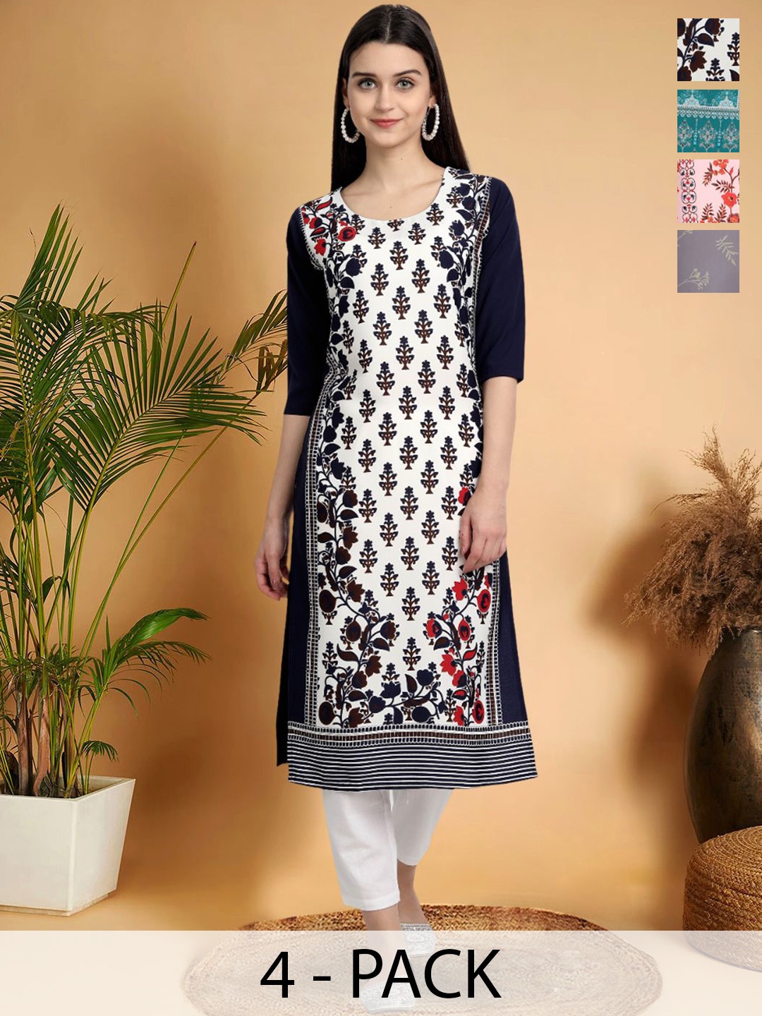 

7Threads Selection Of 4 Floral Printed Round Neck Straight Kurtas, Black