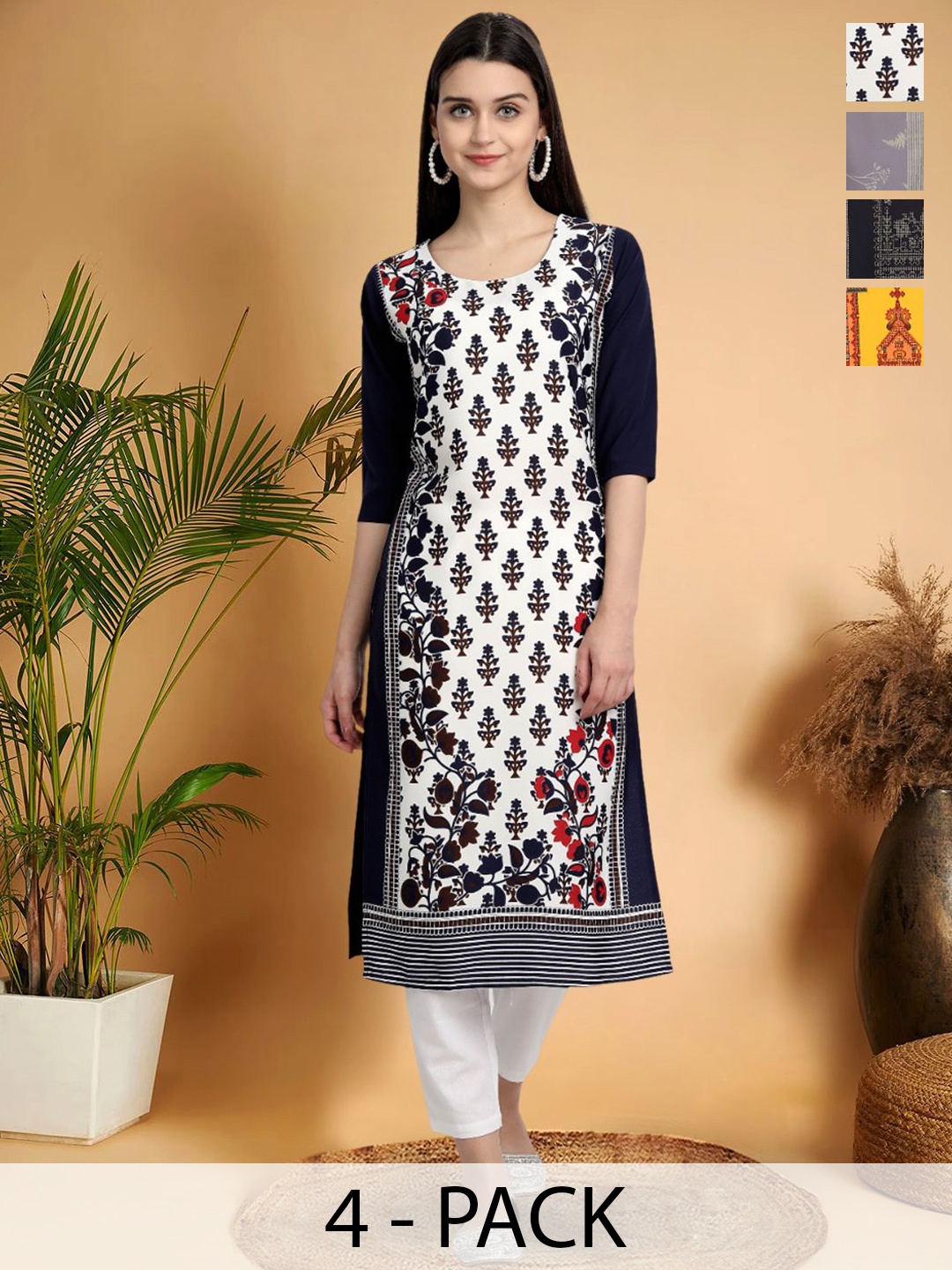 

7Threads Selection Of 4 Floral Printed Round Neck Straight Kurtas, Black